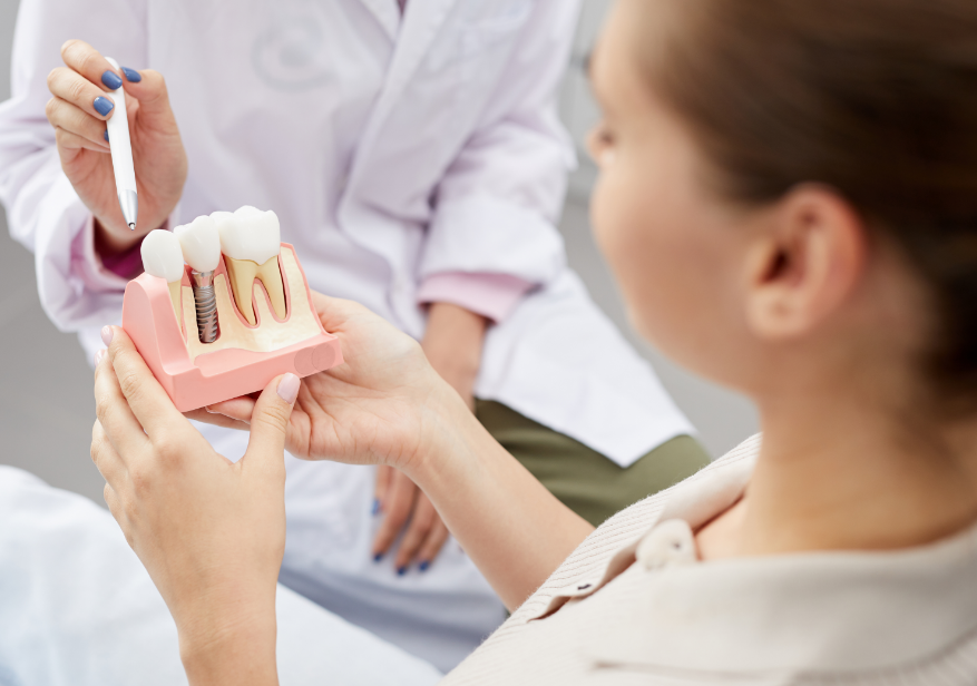 Dentist showing woman dental implant model